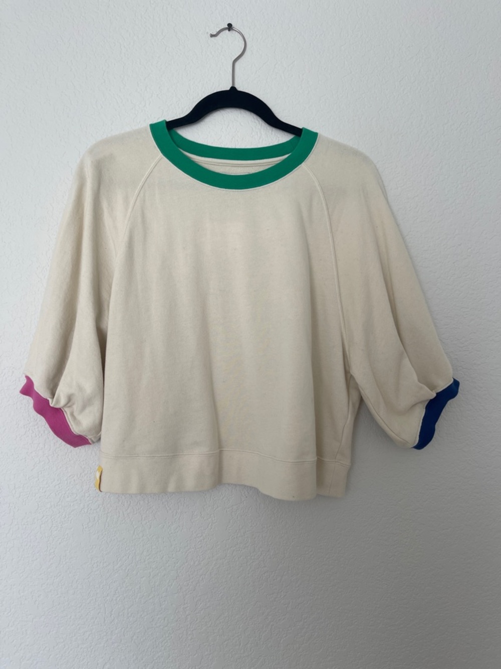 Rosenthal Cream Sweatshirt with Green Neckline and Colorblock Cuffs